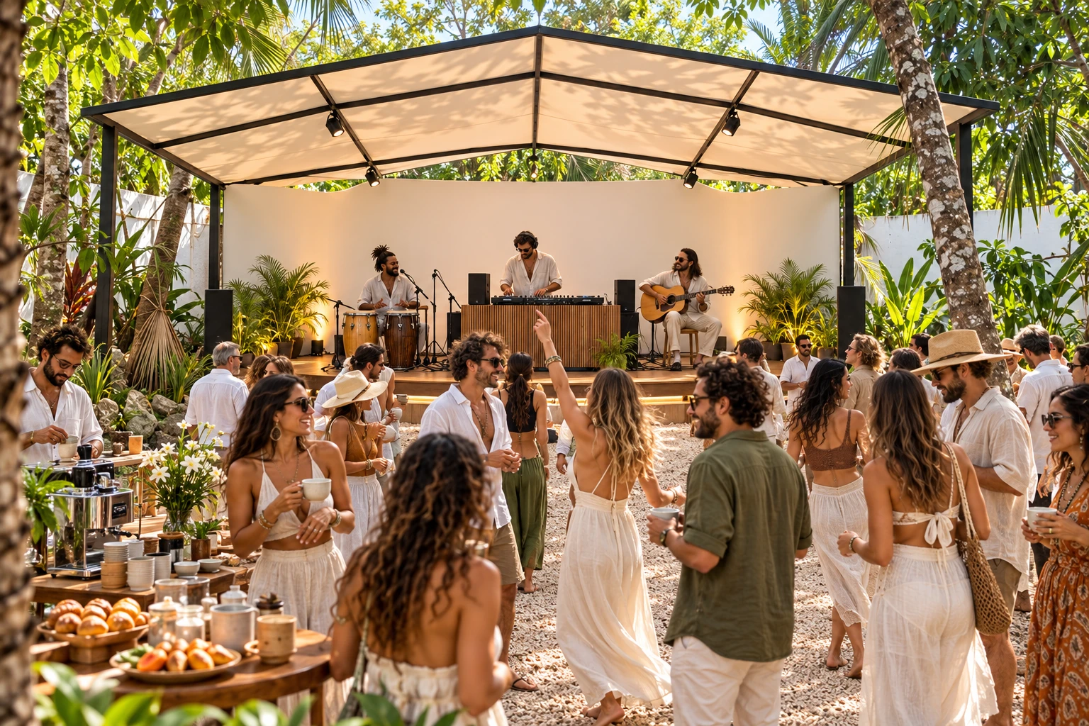 Imagen conceptual de AmorniRise Coffee Party de día, con DJ, percusionista, guitarrista y comunidad compartiendo café