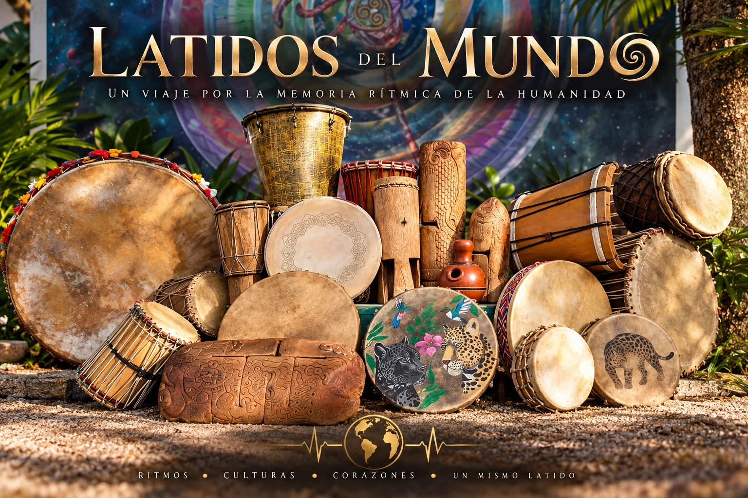 Latidos del Mundo: tambores de distintas tradiciones entre vegetación, un viaje por la memoria rítmica de la humanidad