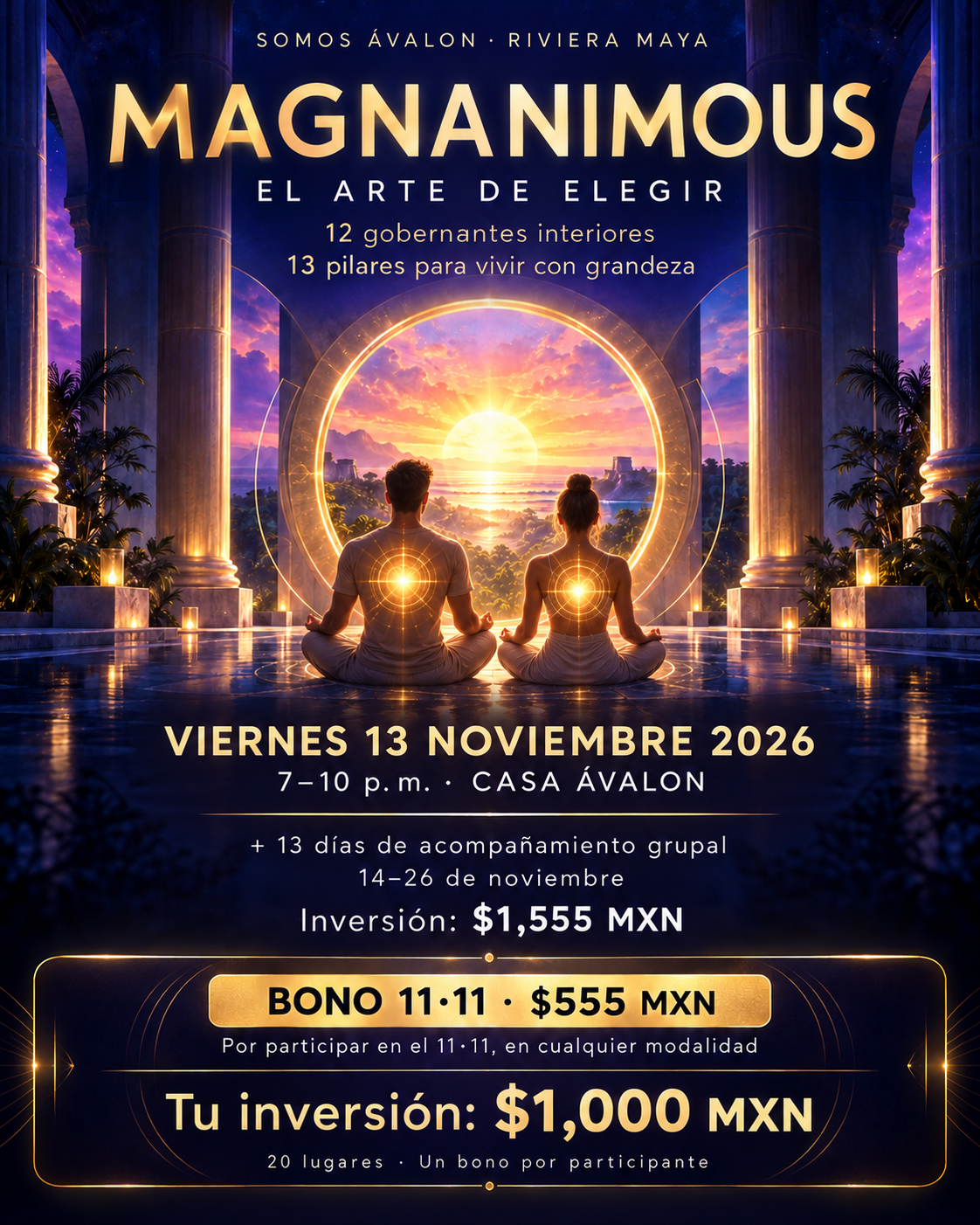 MAGNANIMOUS: a man and a woman facing a portal of light. Spanish invitation; all details are provided beside the image.