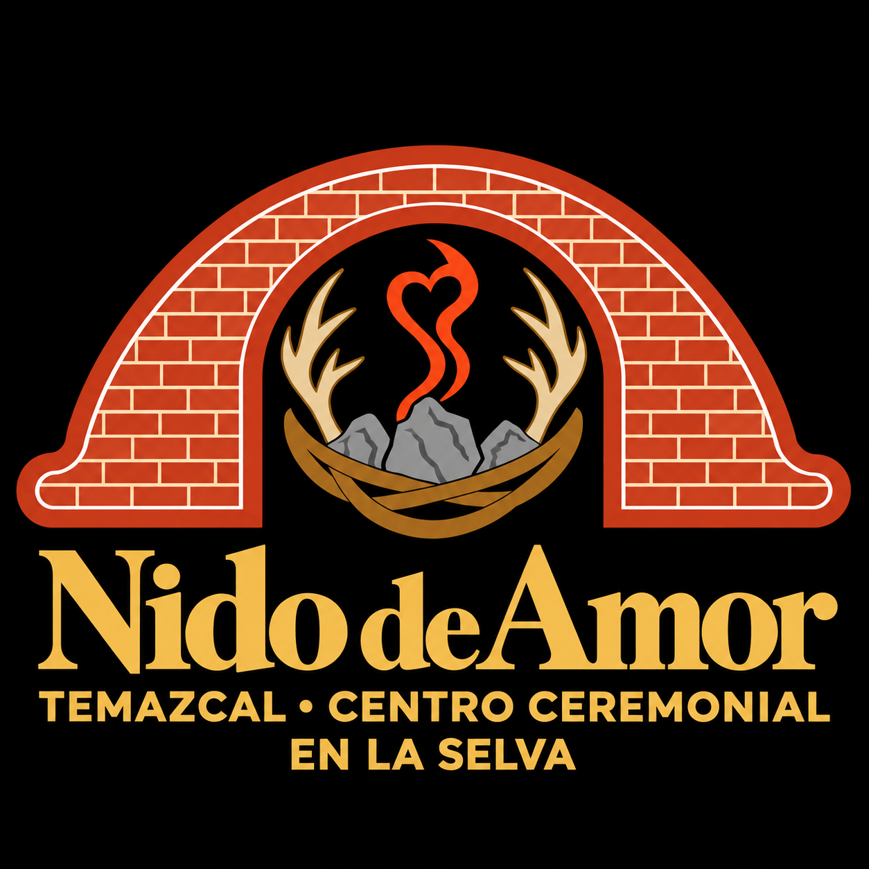Logotipo de Nido de Amor: temazcal de ladrillo, piedras, astas de venado y corazón de vapor