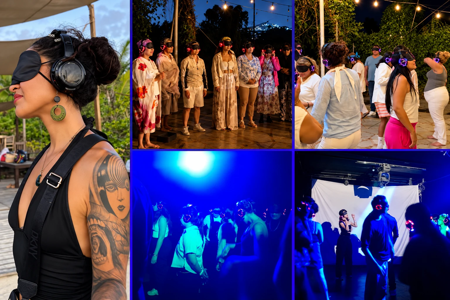 A collage of five Silent Experience photographs: participants wearing headphones and eye masks, at outdoor gatherings and under blue lighting.