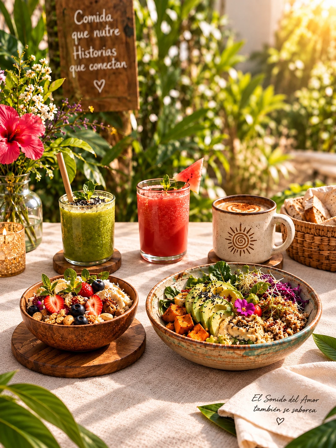 Mesa de SINIK con jugo rojo al centro, jugo verde, café, plato vegetal y frutal en un jardín. Comida que nutre, historias que conectan. El Sonido del Amor también se saborea.